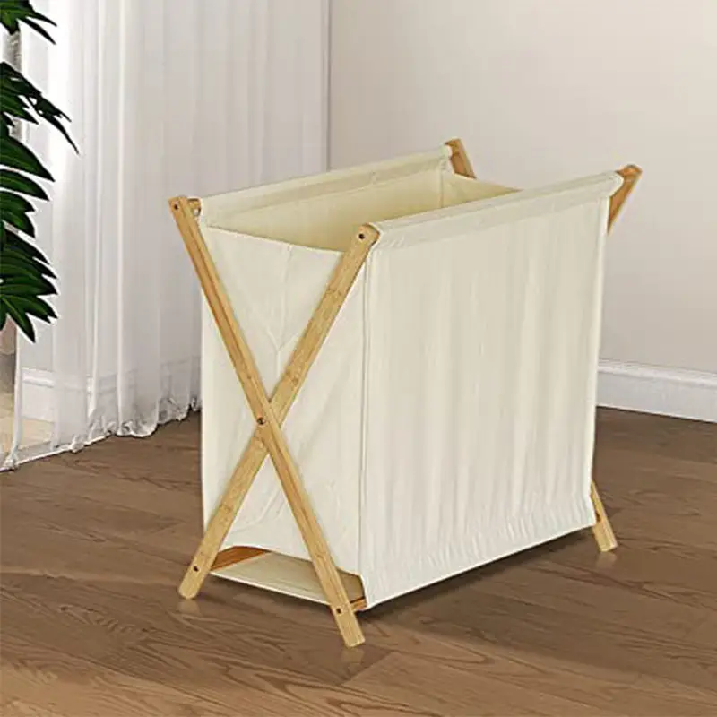 Bamboo laundry basket Wooden X frame with cover laundry basket, folding dirty clothes sorting organizer laundry storage basket
