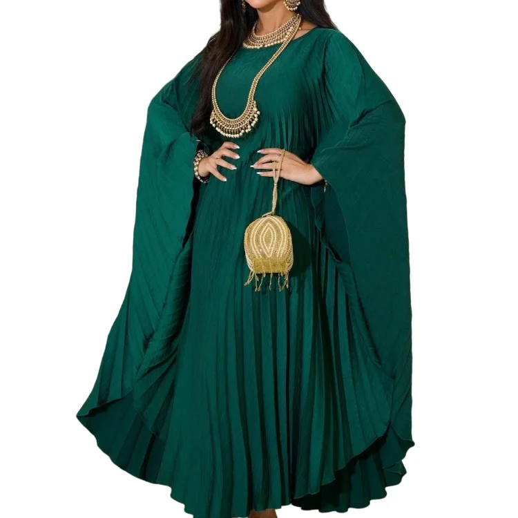 Fashion pleated robe solid color big swing dress plus-size dress Arab Dubai Muslim women islamic women clothes