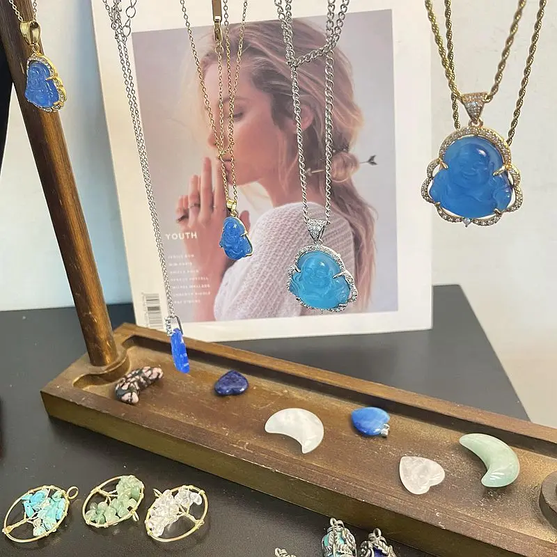 2024 Carved Religion Stainless Steel chain Blue Agate Stone Buddha Pendant Necklace Iced Out Crystal stone necklaces women