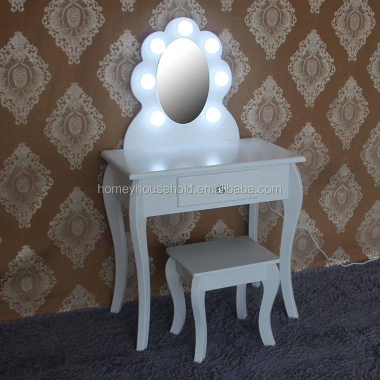 
Wooden Bedroom Furniture Makeup Vanity Desk LED Lighted Mirror Princess Dressing Table Set 