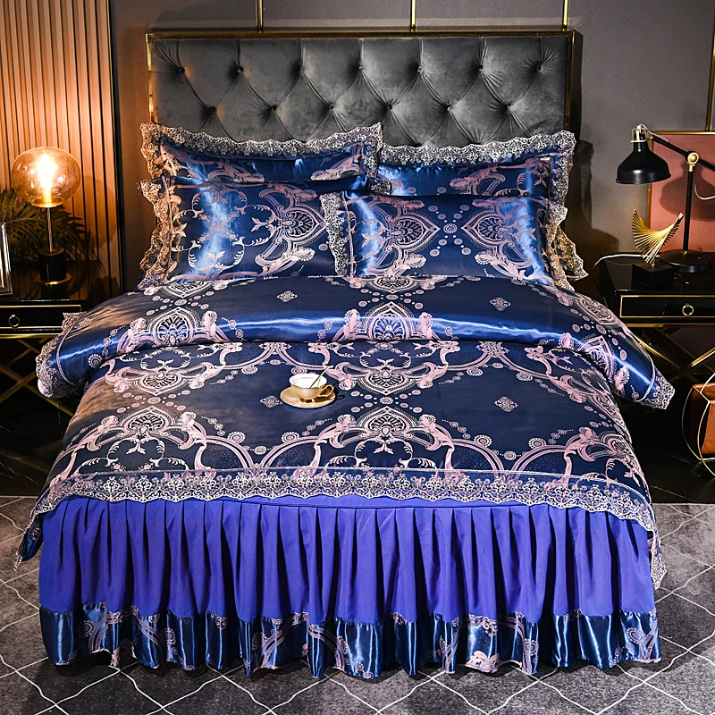 Hot sale European Korean Solid Color Cotton Light Luxury Cheap Bedding Set 4 Pieces Lace Edge Bed Skirt Bedding Set
