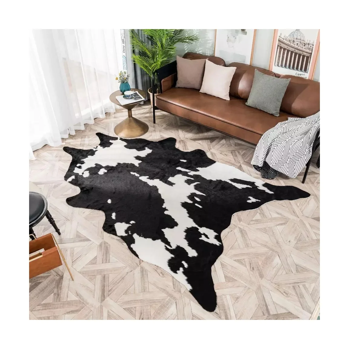 Faux Fur Animals Skin Faux Cowhide Carpet Black Cow Print Area Rug for Living Room