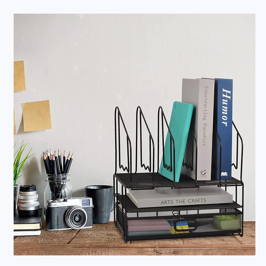 Organizador de archivos de escritorio de oficina de metal negro File Holder