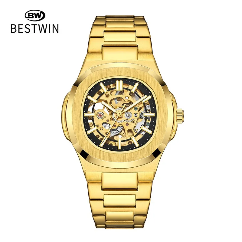 New Design Mechanical Movement Stainless Steel Band Custom logo Branded Black and Golden Color Fully Automatic Watch for Men