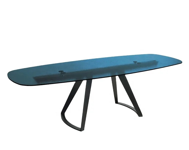 High Quality Custom Size Hot Melt Thick Blue Fusion Glass Extension Dining Table