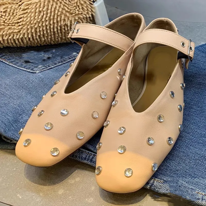 New design diamonds flats ballet casual leather buckle ankle strap shoes for women