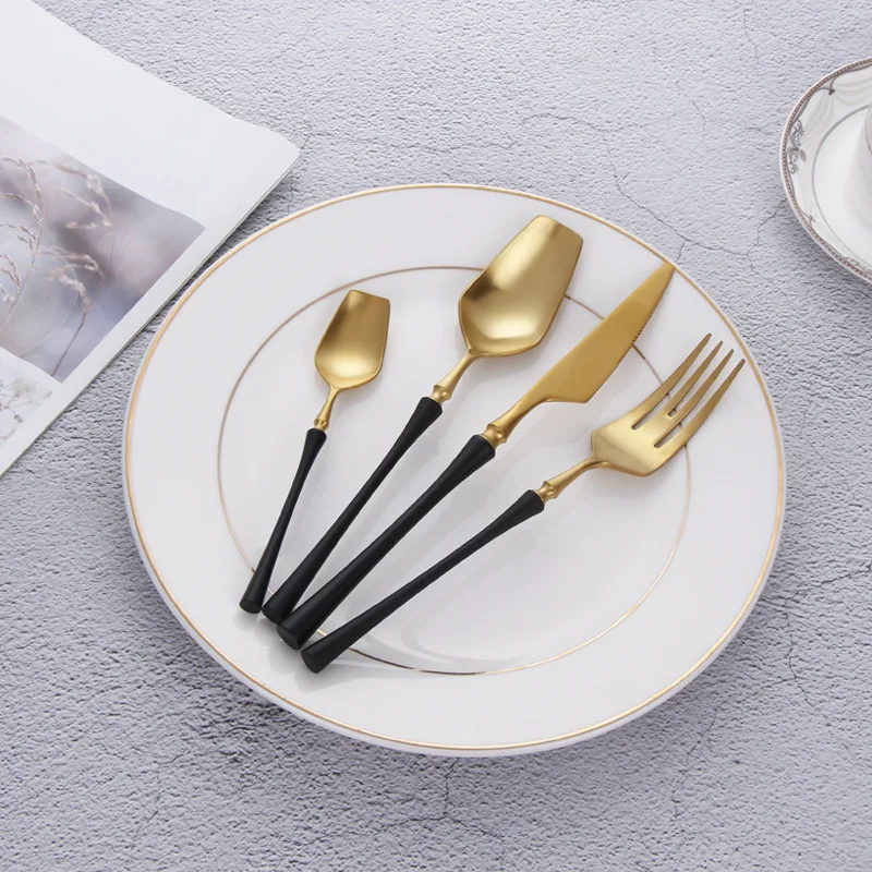 Promotion restaurant black handle gold flatware dinner set for wedding gift gold and black cutlery stainless steel cutlery