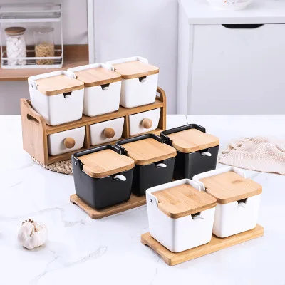 Japanese Seasoning Pot Set Ceramic Salt Pot Black And White Seasoning Pot Bamboo And Wood Holder