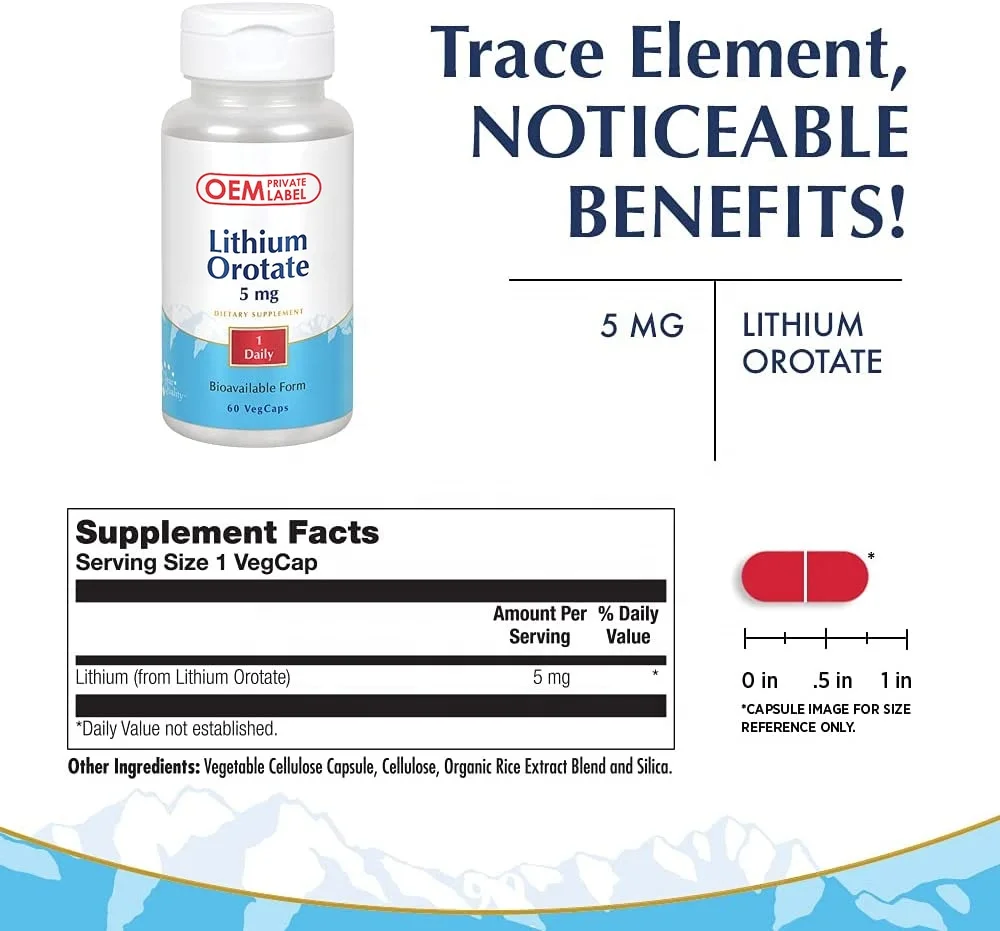 OEM Lithium Orotate 5 milligrams Capsules Chelated for Mood Support Organic Rice Bran Extract Lithium Orotate Capsules