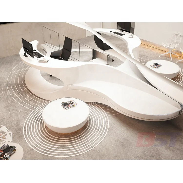 Amazing Italy style unique shape curved reception desk furniture solid surface front desk table for beauty salon