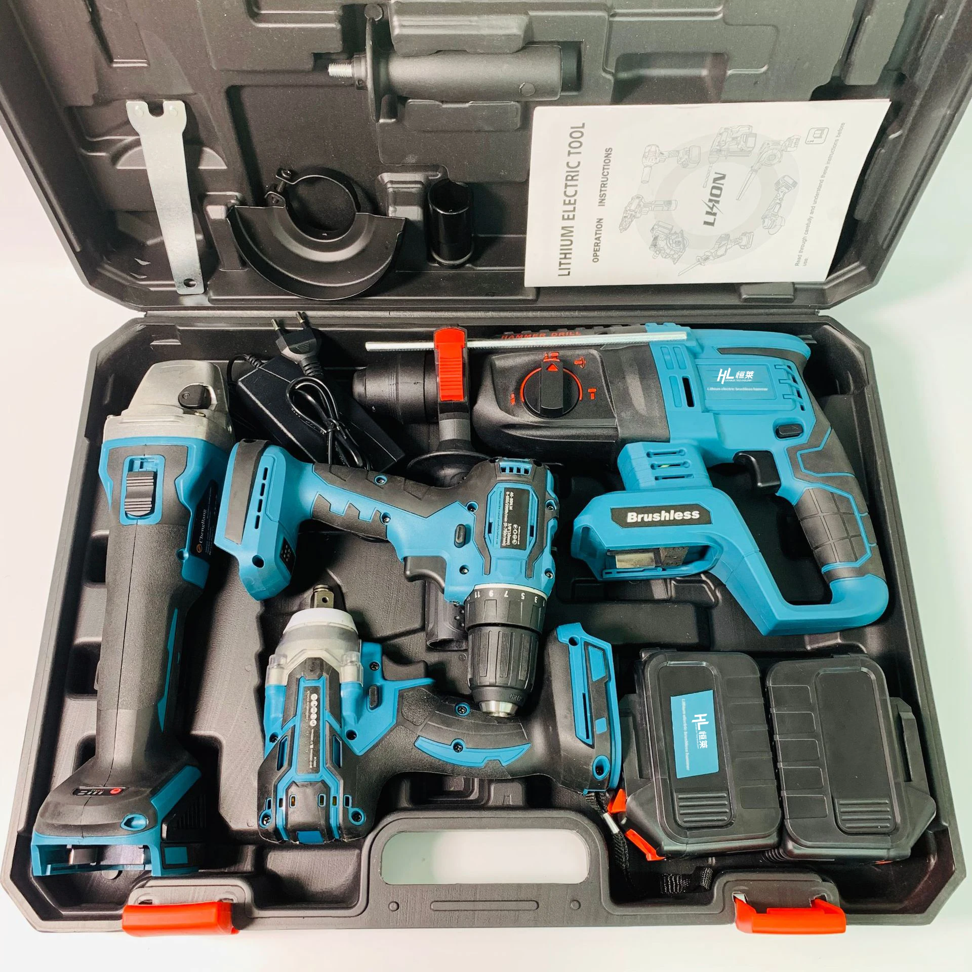 HENGLAI Big Discount !!!available Sales for MKT Two Batteries and One Charger Combo Power Tools 4 Kits Tool Set Cordless Drills