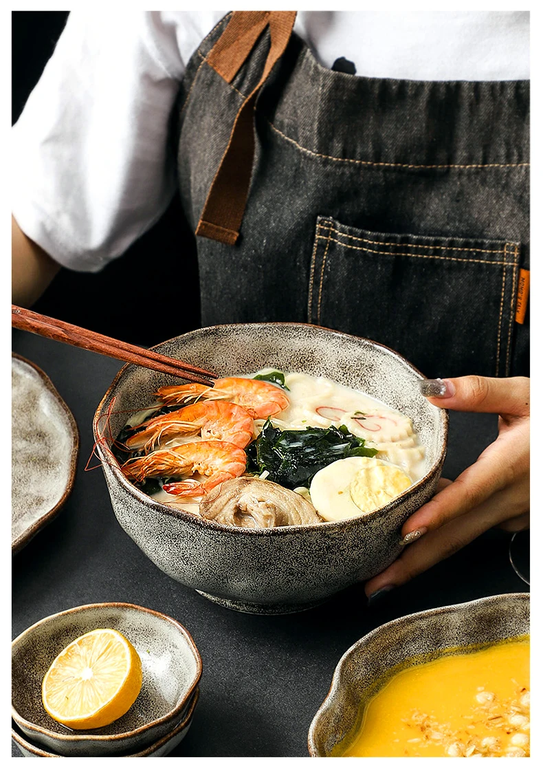 Japanese Style Retro Rice Bowl Ceramic Dinner Plate Single Tableware Salad Food Dish Wholesale Big Ramen Soup Bowl
