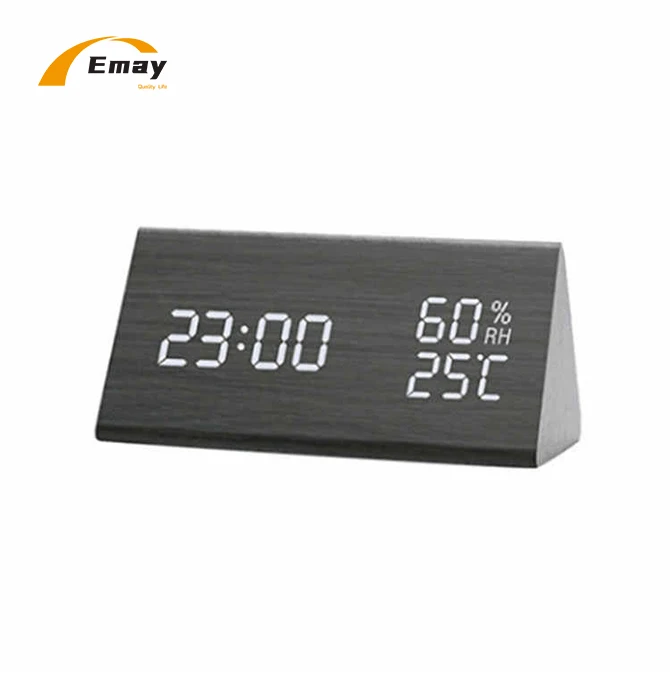Wooden Triangle Desk Table Top  Bedroom Digital  LED Alarm Clock Sound Control Temperature Humidity Calendar Display USB Charge