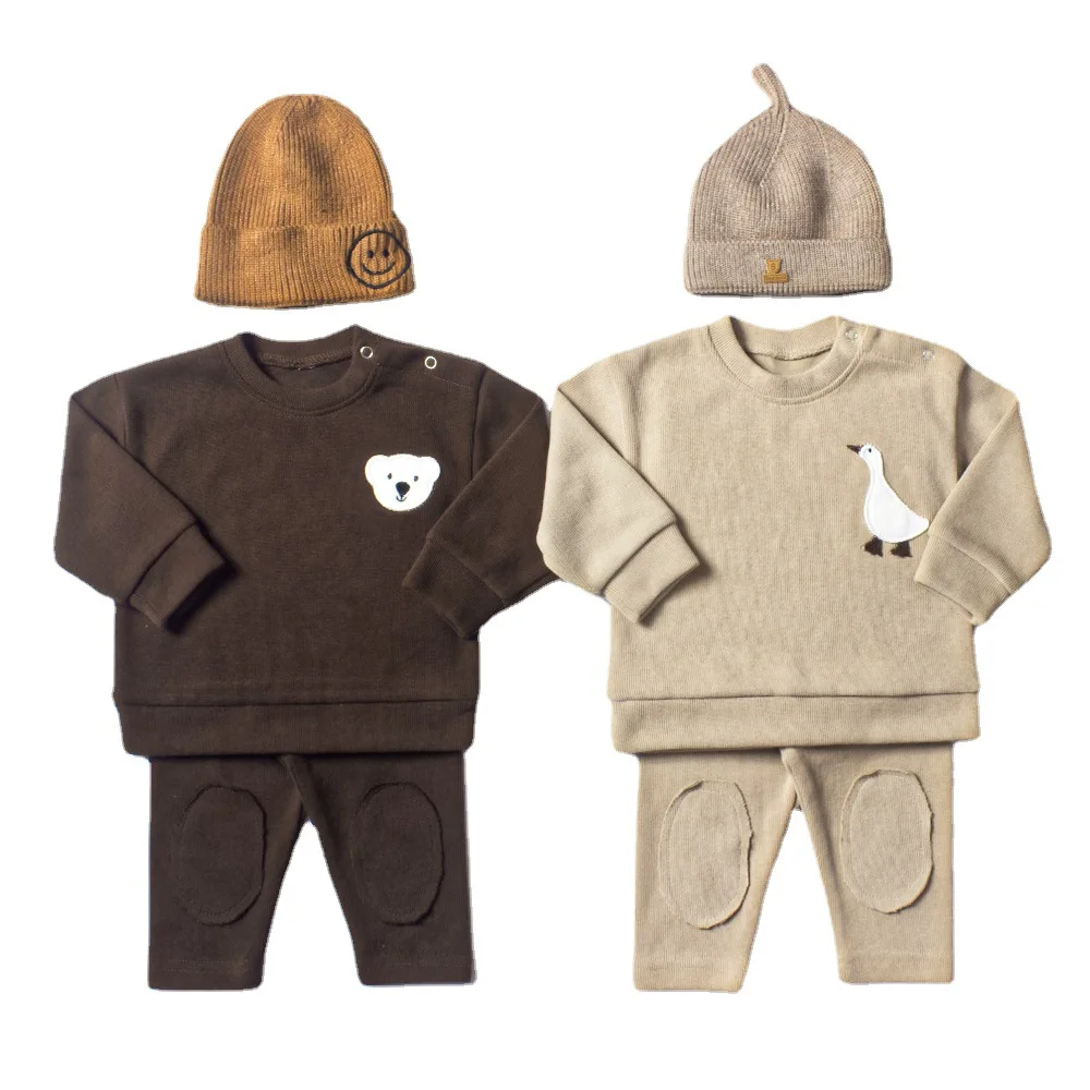 Boys Sweater Suit Beige Colored Wool Material Bear Goose Embroidery Baby Clothes Two-Piece Set Baby Boy Clothes 0-3 Months