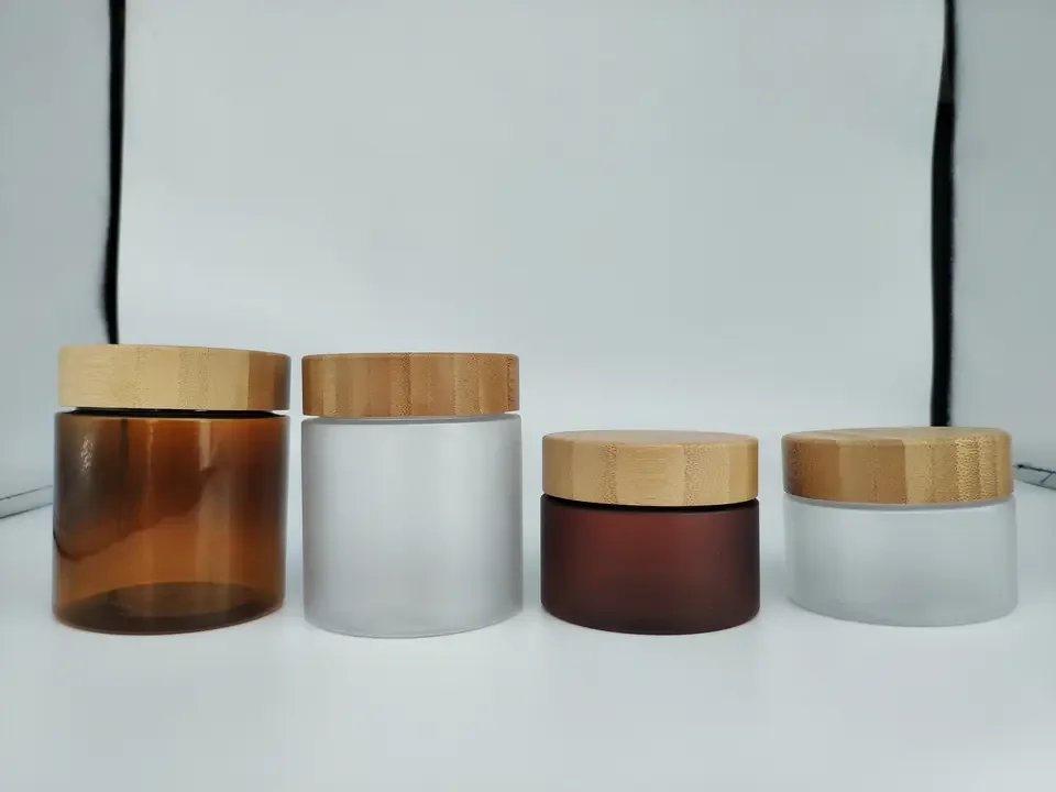 Real bamboo lid PET plastic 8oz face cream jar with bamboo lid clear frosted amber transparent