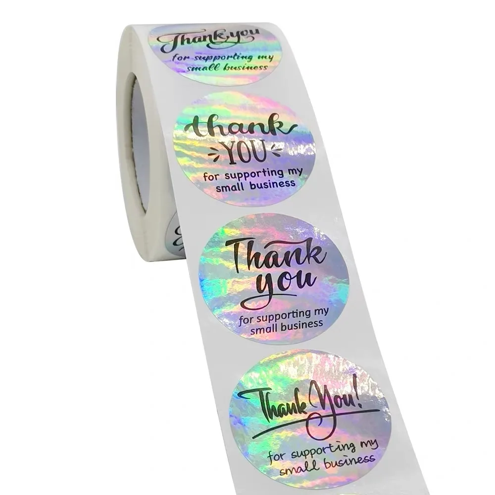 2024 New Design Large Stock of  Thank You  Sticker for Packing Round Laser Holography Sticker  Waterproof Plastic Round Sticker