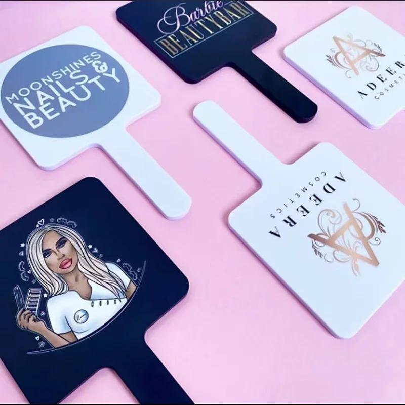 Частная торговая марка, индивидуальный логотип, пластиковые маленькие блестящие ручные квадратные косметические ручные зеркала