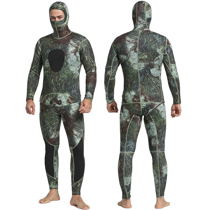 
5mm Camouflage Spearfishing Wetsuits 2 Pieces Hooded Scuba Diving Suit for Men Black Waterproof Anti Style 