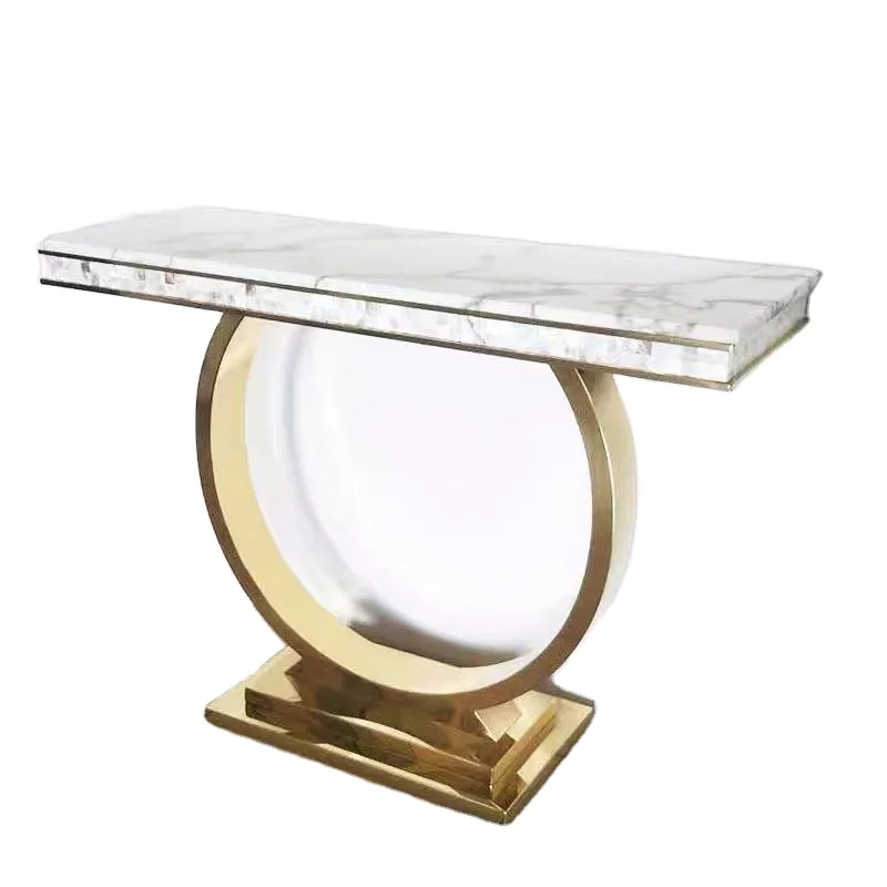 The new design golden mirror modern luxury marble entrance console with mirror laser elegant white silk metal objects