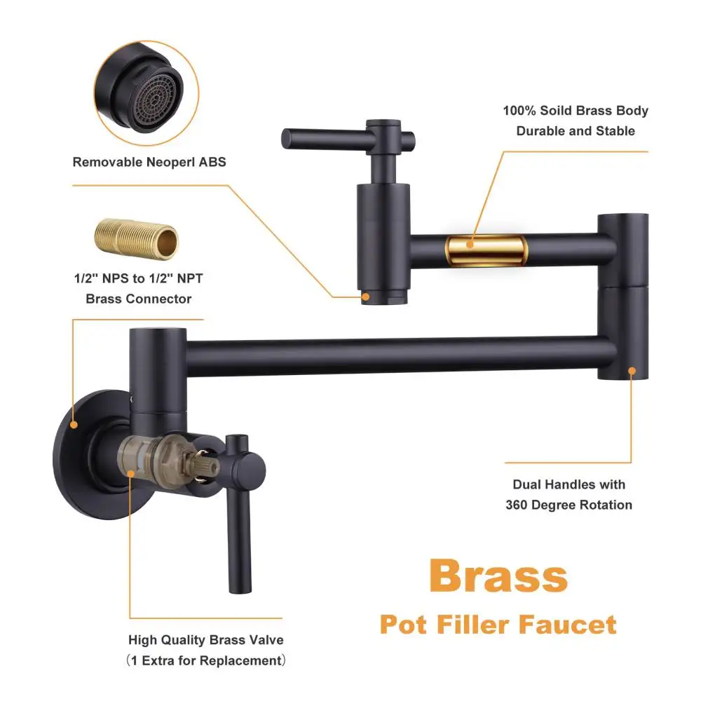 Black Brass Kitchen Faucet Folding Double Joint Swing Arm Wall Mounted Kitchen Pot Filler Faucet