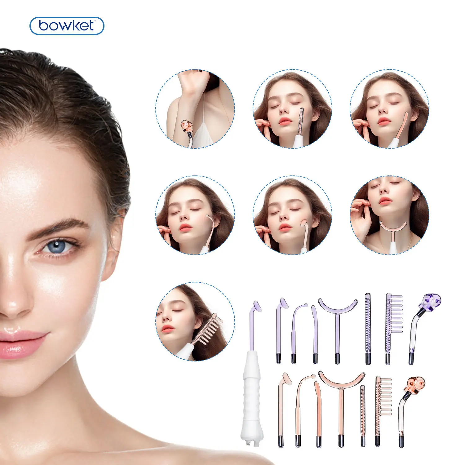 Bowket High Frequency Facial Machine 7 Wands Tube Electrode Argon Gas Skin Tightening and Wrinkle Reducing Beauty Instrumentacne