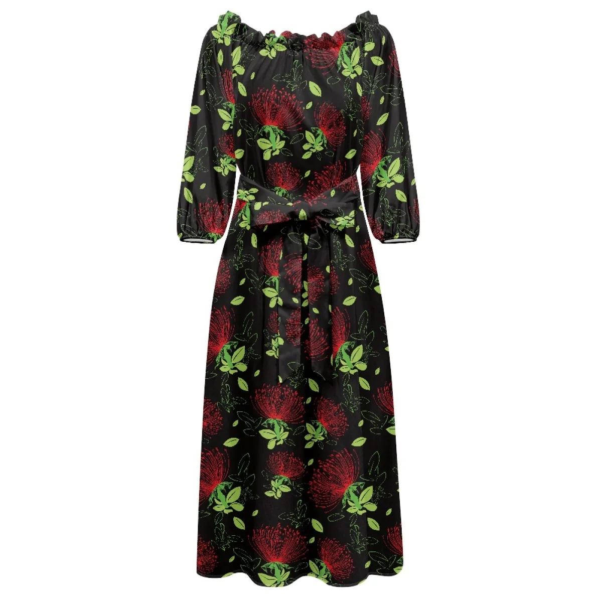 Custom Native Hawaiian Tribe Ohia Lehua Print Casual Dress Sublimation Hawaii Lehua Flower Dress Women Casual One-shoulder Dress