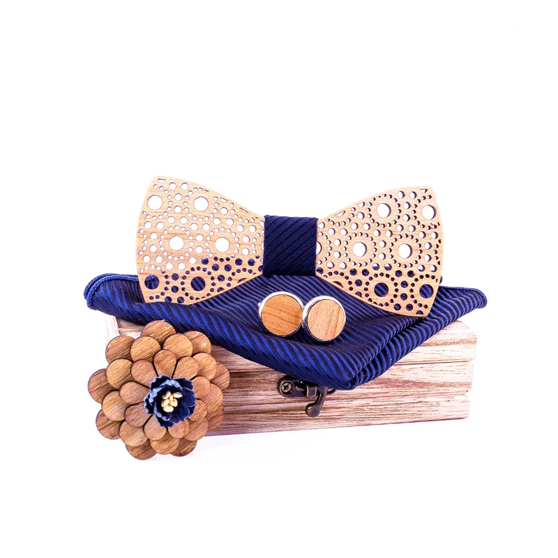 Mens Wooden Bow Tie for Wedding Suit Women Wood Bowties Hollow Craved Cut Out Brooch Floral Accessories Gravata Ties cufflinks