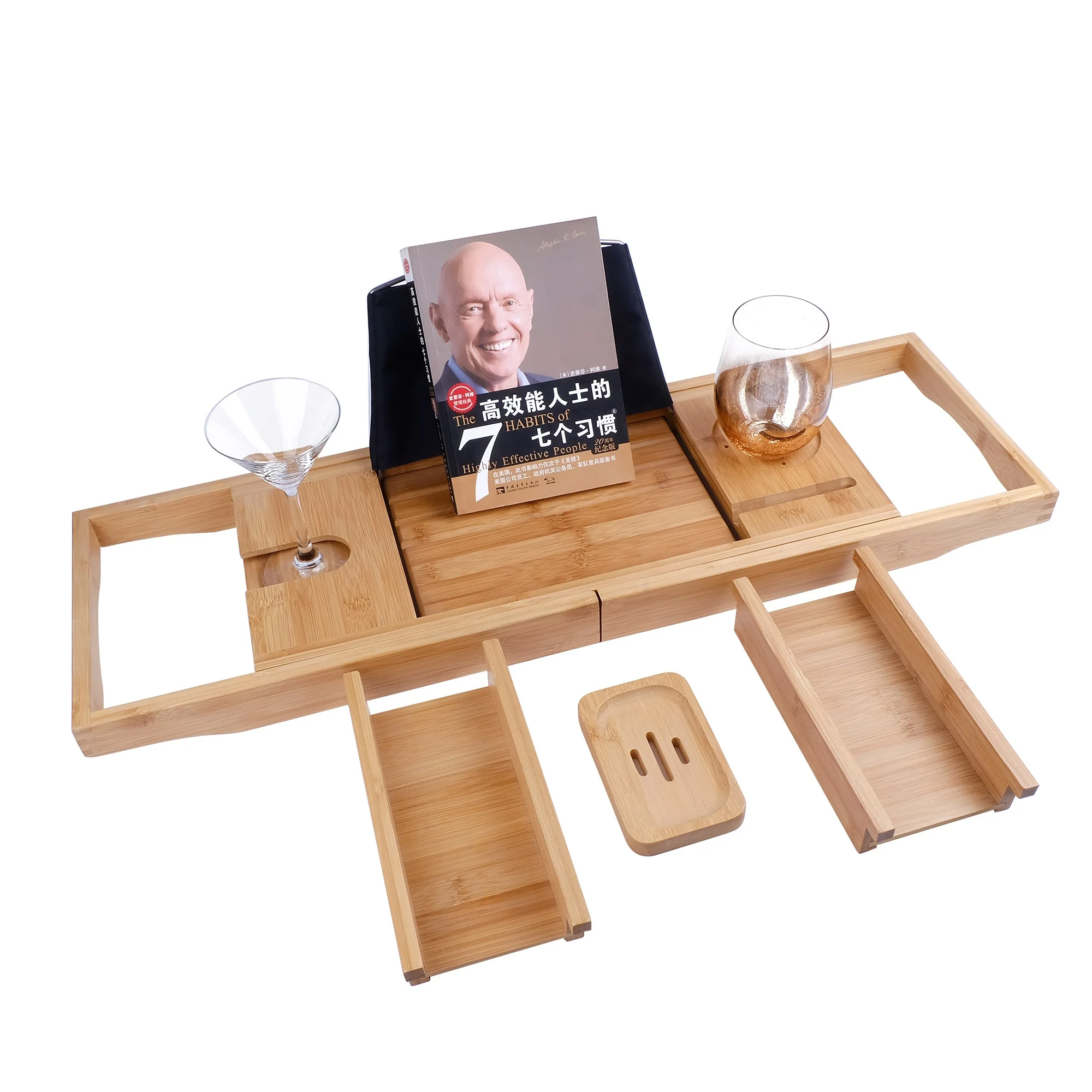 
Luxury Expandable Bamboo Bathtub Caddy Tray, Tub Shelf for Reading with Wine Holder, One or Two Person Bath and Bed Tray 