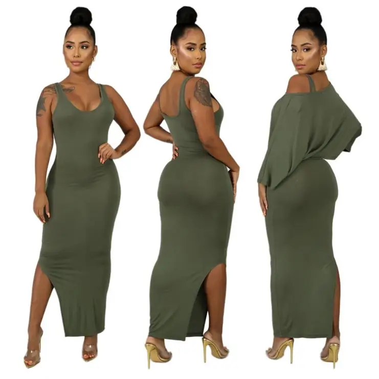  1119M019 new style solid split strap dress sloping shoulder top Long Dress Clothing Women Two Piece Sets 2 piece skirt