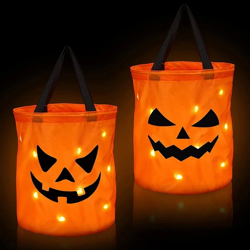LED Light Trick or Treat Candy Bags Buckets Halloween Spooky Ghost Spider Pumpkin Reusable Felt cloth Candy Bag for kids