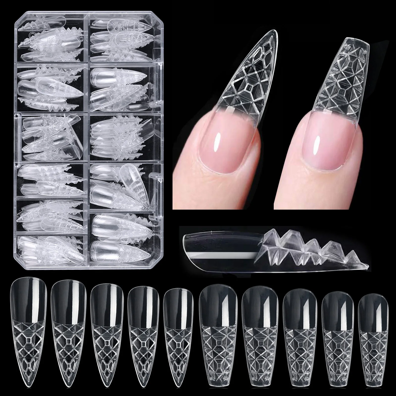 Long Artificial Fingernails China Wholesale Custom Cheap 3D Crystal Diamond Tips Bulk Square False Nail Capsules Box