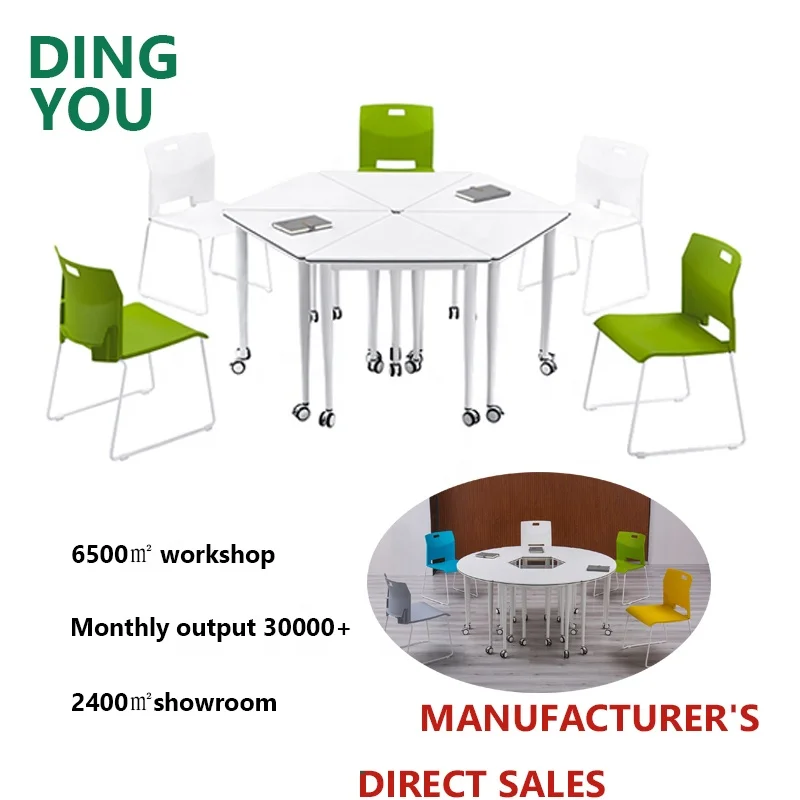 Splicing Classroom desk and chair set pp plastic chair white table with wheels school sets school furniture student desk chair