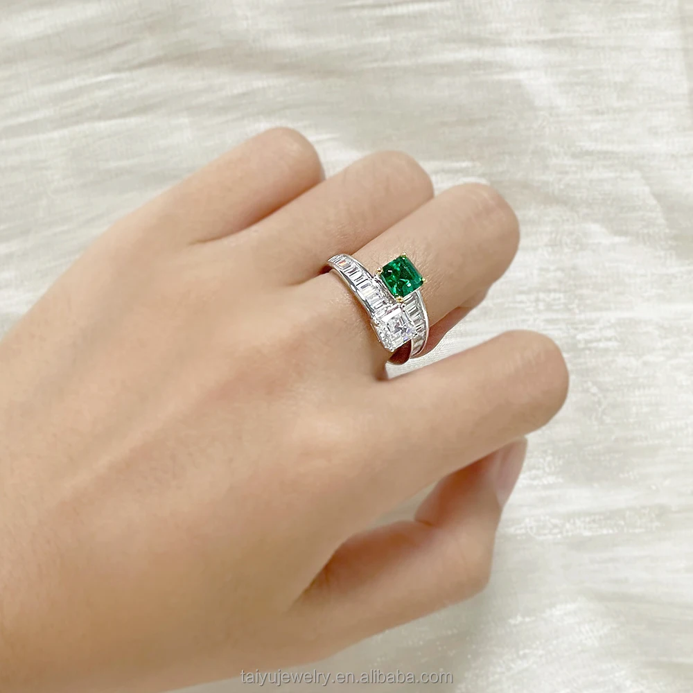 TY Open Ring Zirconia CZ Elegance 925 Sterling Silver for Women Rectangle Stone Pagoda Green Cusp Crystal Adjustable Open Ring