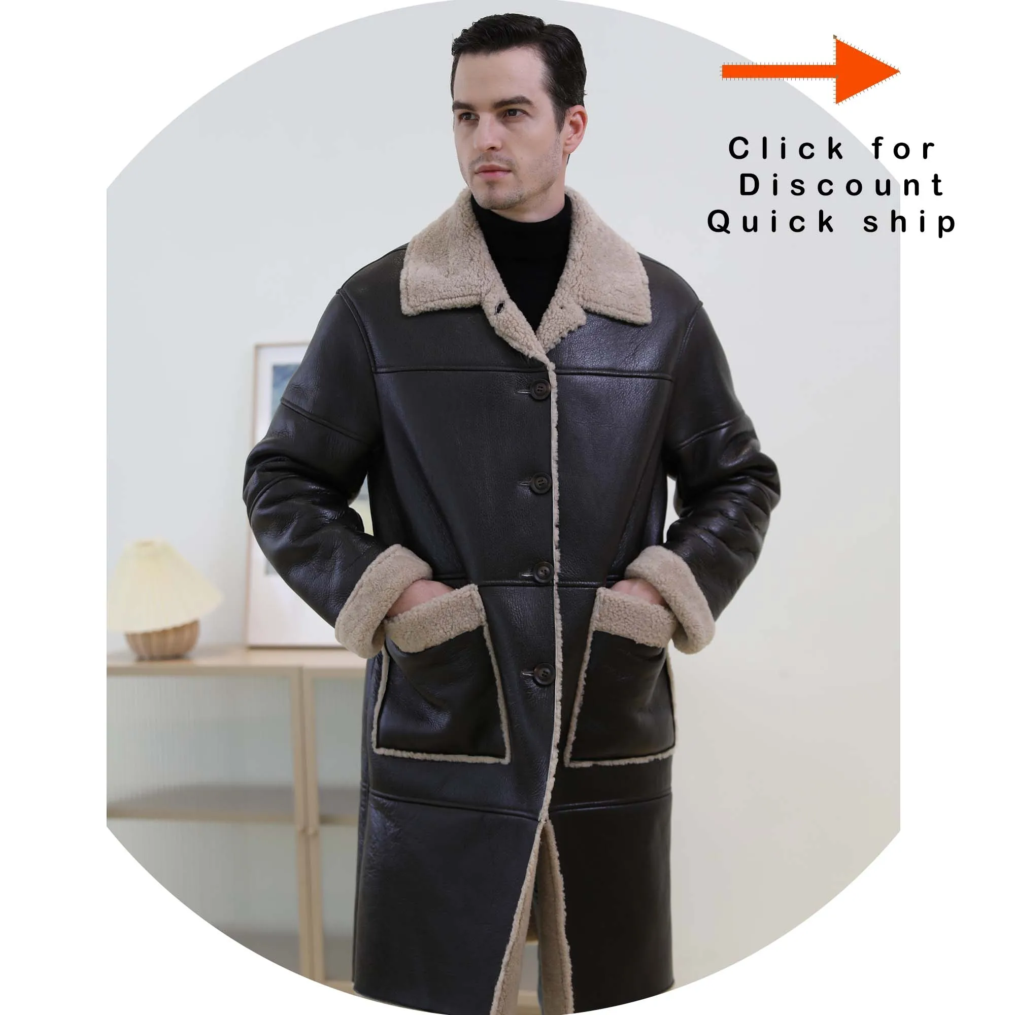 Men Windproof Sheep Shearing Doubleface Real Leather Long Men Genuine Bomber Leather Jacket