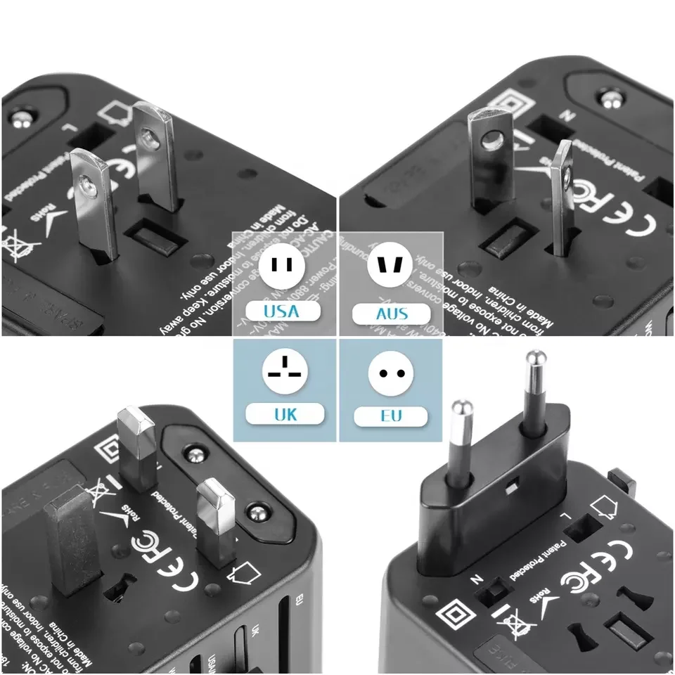 All in One Universal multi Plug Adapter with AU US UK EU plug With USB port and Type-C Plug AC power charger adapter