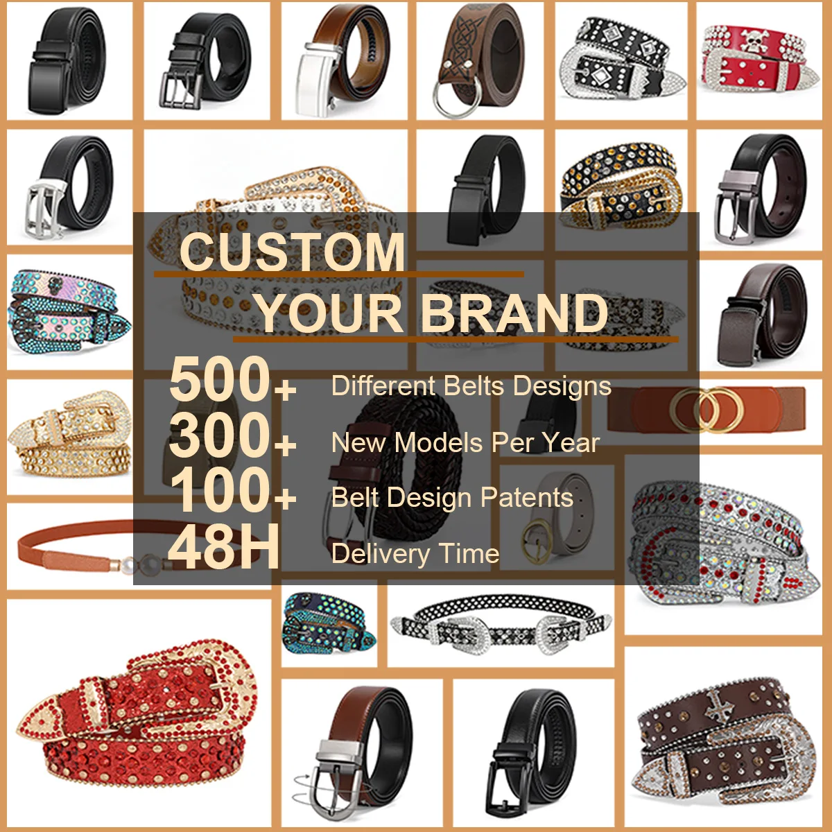 Free Custom Design Studded Rhomboid Rivet Decor Embroidery Stitching Cowboy Cowgirl Faux PU Leather Belt