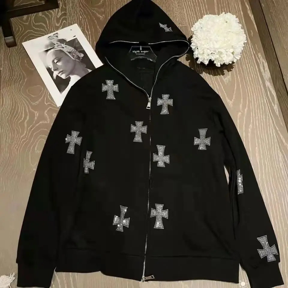 high quality 100% cotton men supplier custom shining zip up cross bling rhinestone studded hoodie with logo