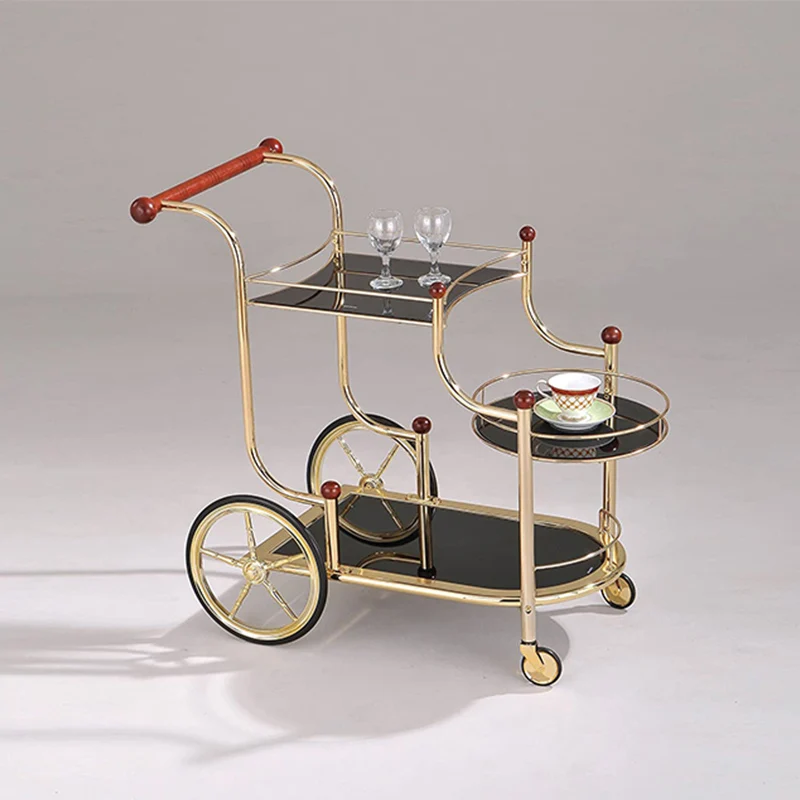 Custom Luxury Metal Drink Wine Display Racks Trolley Gloss Silver Bar Cart