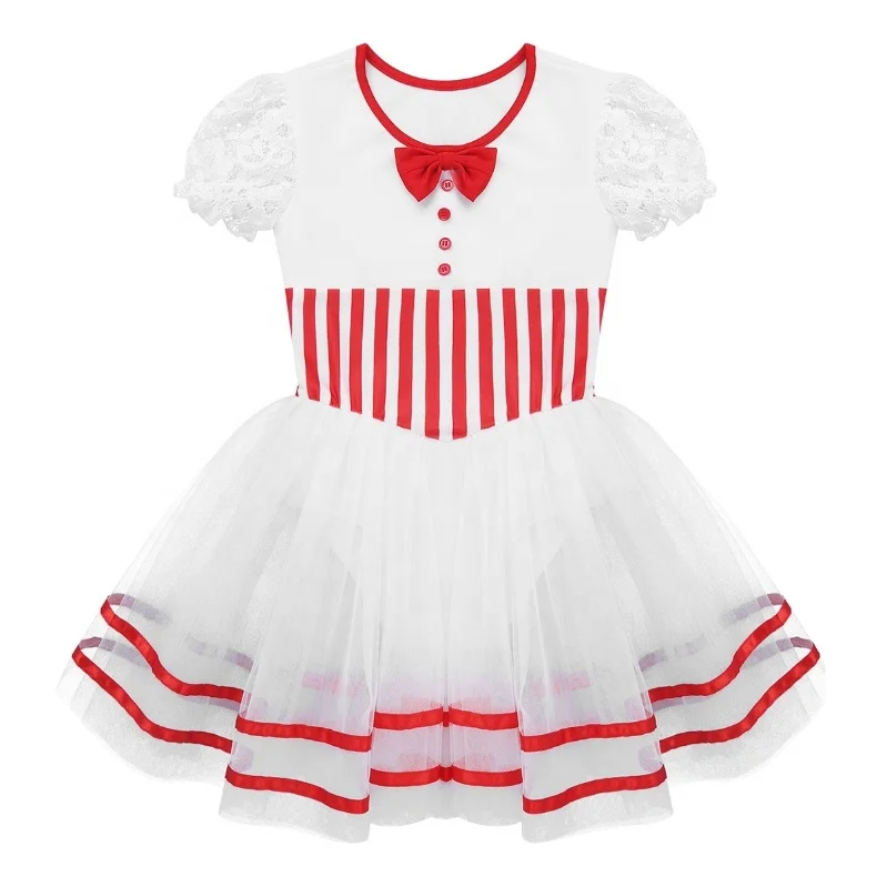 
Kids Short Lace Sleeves Striped Mesh Tutu Ballet Figure Skating Dress Gymnastics Leotard Girls Performance Dance Costume 