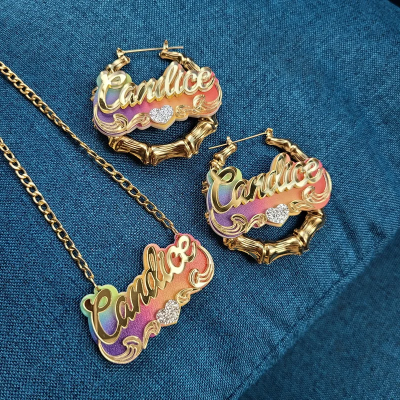 
Personality Acrylic Custom Name bamboo Earrings Cartoons rainbow Name Necklace Jewelry Christmas Gift 