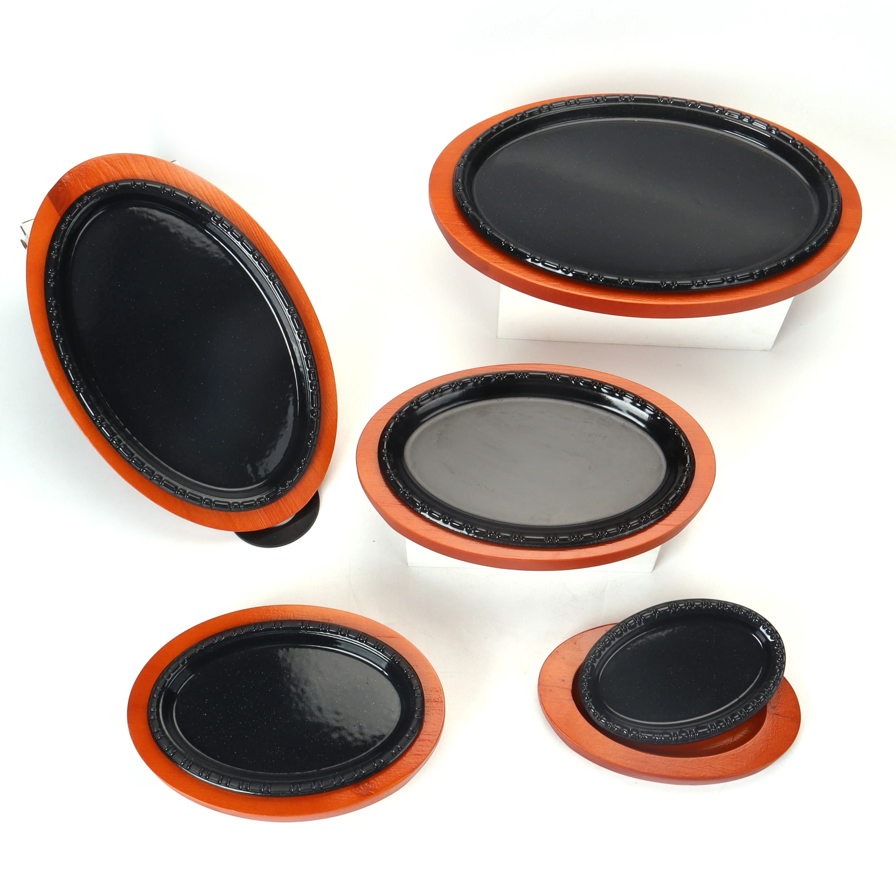 Cast Iron Oval Sizzler Sets Hot Serving Dish Steak Frying BBQ Roasting Baking Mini Grill Plate With Wooden Tray