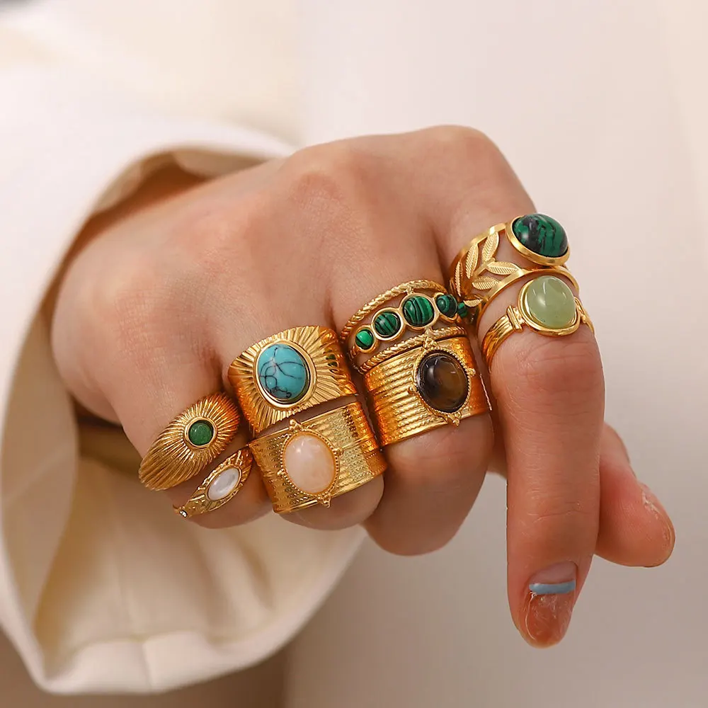 Vintage Gemstone Ring Wholesale  Jewelry Stainless Steel 18k Gold Plated Rings Women