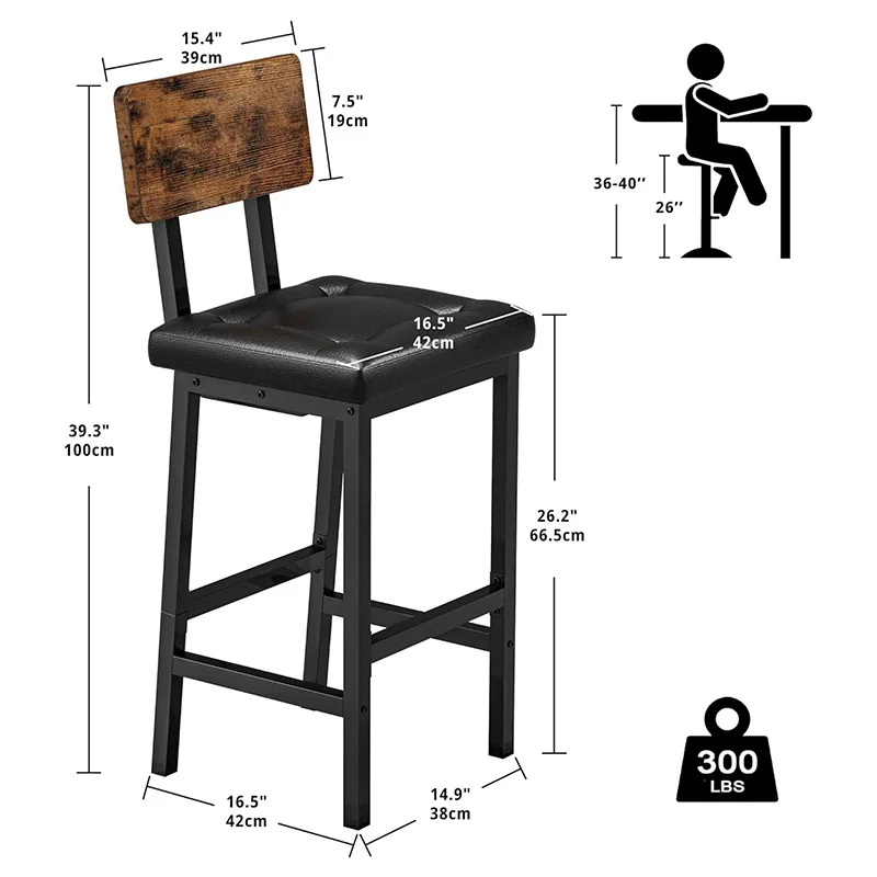 Square Pu Upholstered Bar Stool With Backrest And Foot Pedals Thick Upholstered Stool For Kitchen Counter Bar Pack of 2