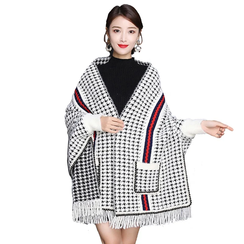 
Fashion Autumn and Winter Mink Cape Shawl Wth Sleeves Houndstooth Striped Cloak Stoles And Shawls Women 