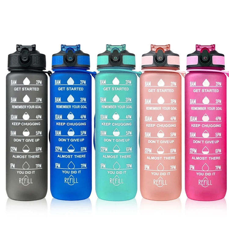 Wholesale Portable Food Grade Outdoor Sports Water Jug 32OZ 1000 ML Reusable Motivational Plastic Water Bottle With Time Marker