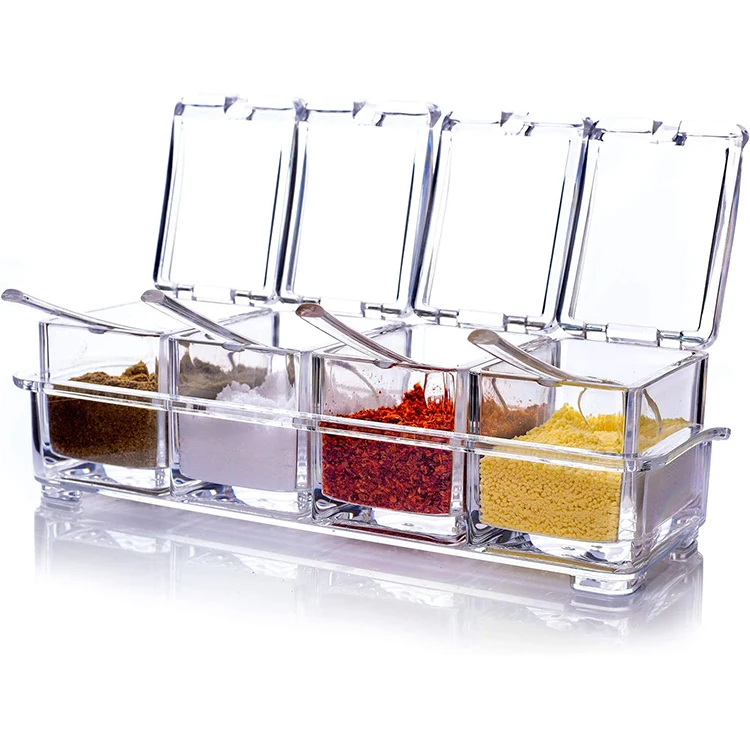 Clear Seasoning Rack Spice Pots - 4 Piece Storage Container Condiment Jars - Acrylic Seasoning Box, Cruet with Cover and Spoon