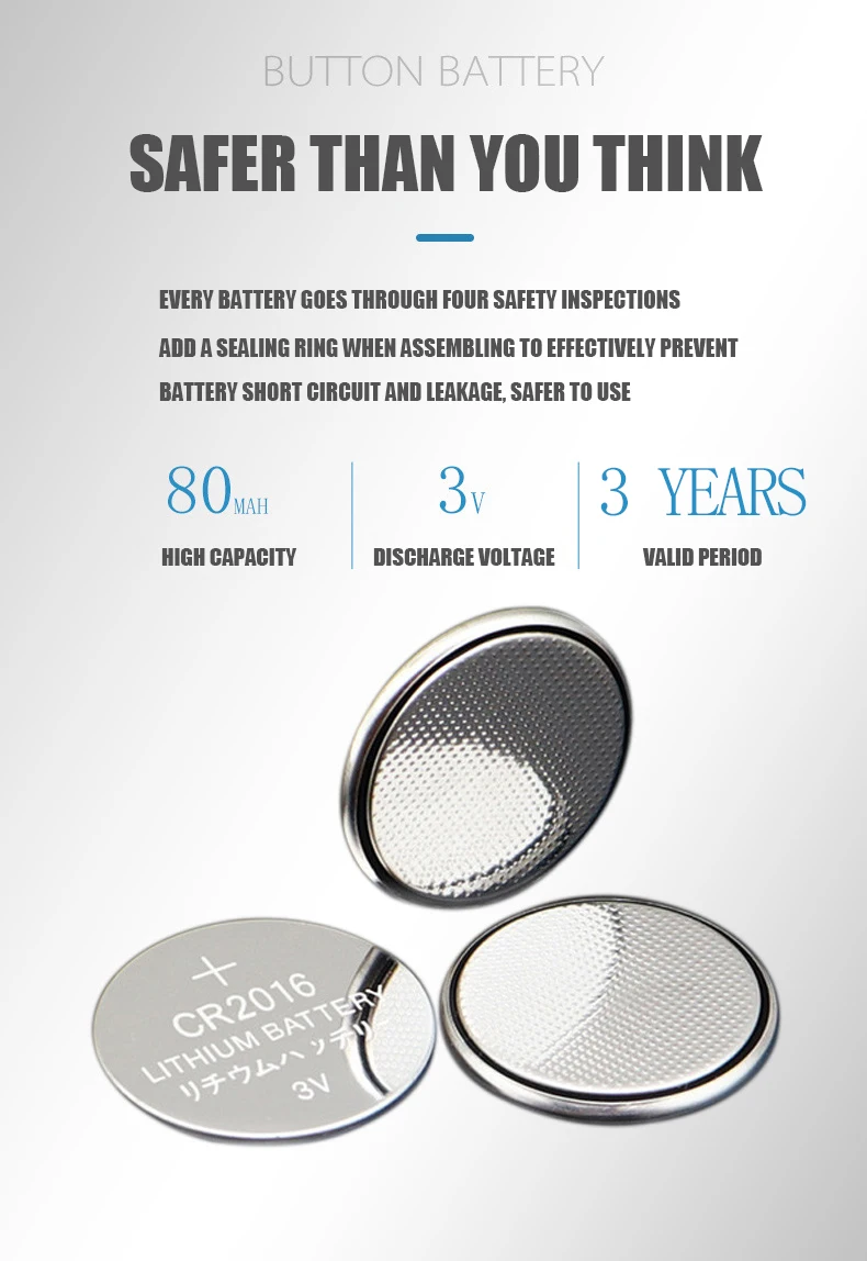 2024 Best Selling 3V Pila CR 2016 80mah Lithium Limno2 Coin CE Certified Button Cell Battery CR2016 For Watch
