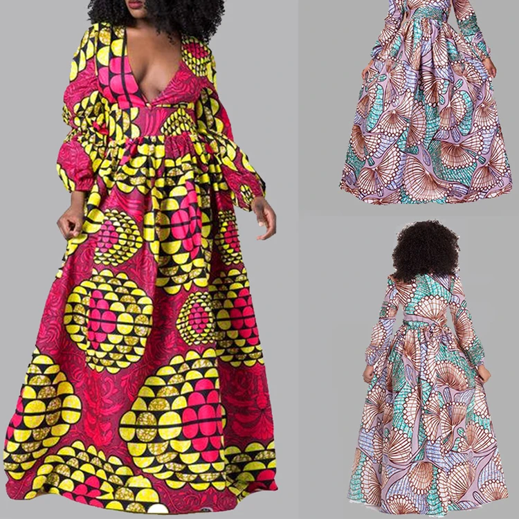 
Women African Printed Casual Maxi Skirt Skirt A Line Floral Printed Party High Waist Dresses With Long Sleeve 