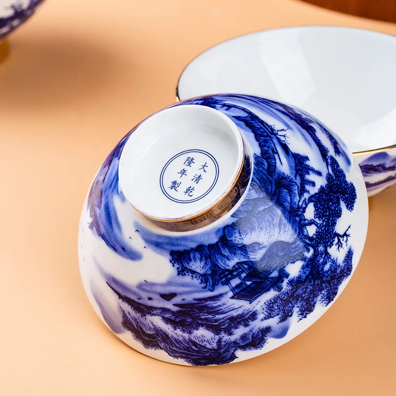 Yaoshuai Jingdezhen Chinese style Bamboo Hat Shape household blue and white porcelain glazed rice bowl antique bowl