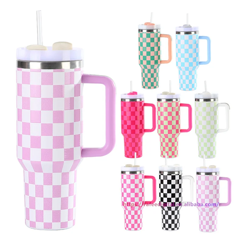 Custom Print Checker Board Plaid Pattern 40oz 40 oz Double Wall Insulated Stainless Steel Tumbler Cup with Handle h2.0 and Straw